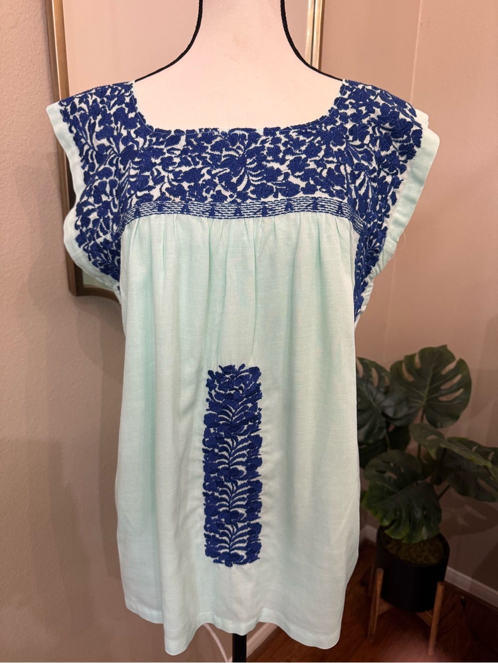 J. Marie Embroidered Tunic Top L Mint Aqua Navy Tencel Linen Lined